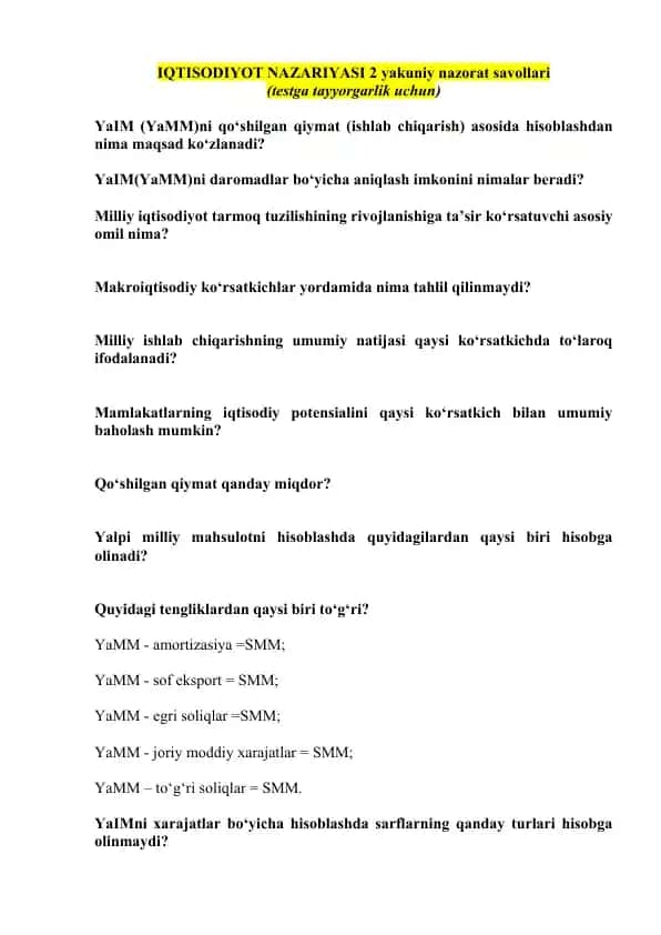 IQTISODIYOT NAZARIYASI 2 yakuniy nazorat savollari