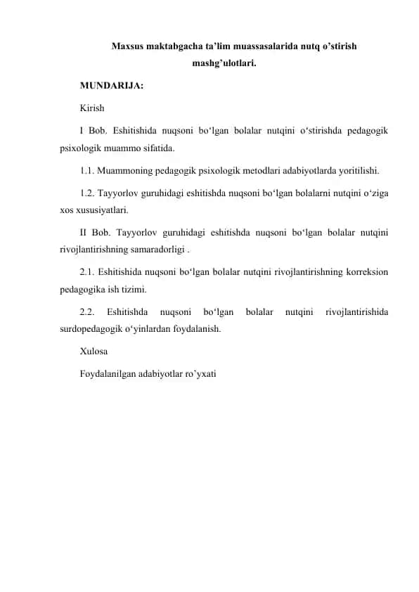 Maktabgacha ta'lim muassasalarida nutq o’stirish mashg’ulotlari