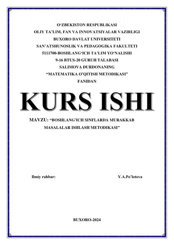 Boshlang‘ich sinflarda murakkab masalalar ishlash metodikasi
