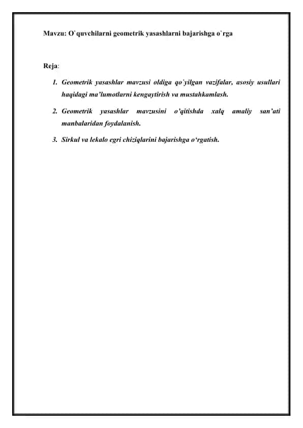 Geometrik yasashlar mavzusida o‘quvchilar uchun metodik qo‘llanma