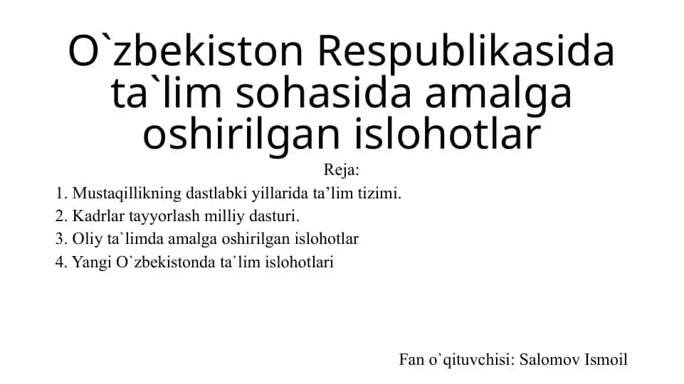 O`zbekiston Respublikasi data`lim sohasida amalga oshirilgan islohotlar