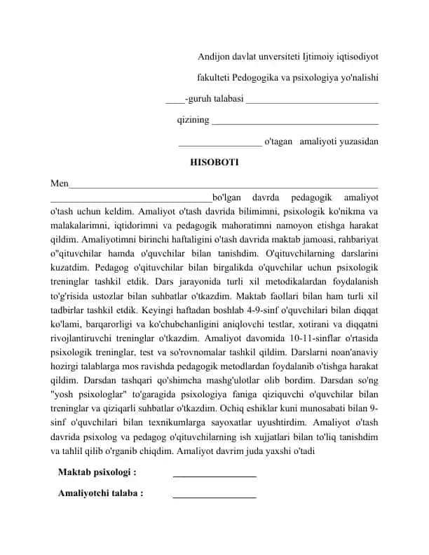 Pedagogika va Psixologiya Amaliyoti
