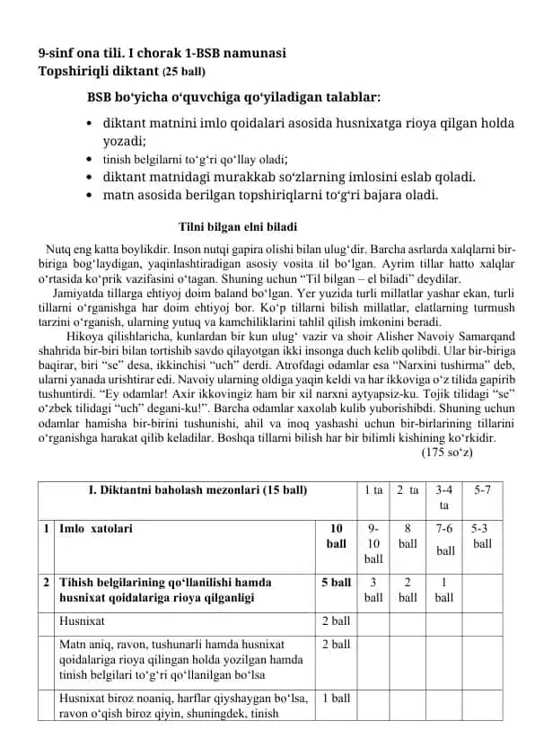 9-sinf ona tili. I chorak 1-BSB namunasi