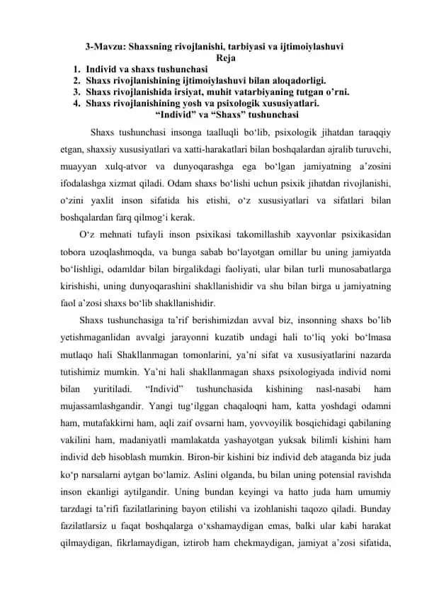 Shaxsning rivojlanishi, tarbiyasi va ijtimoiylashuvi