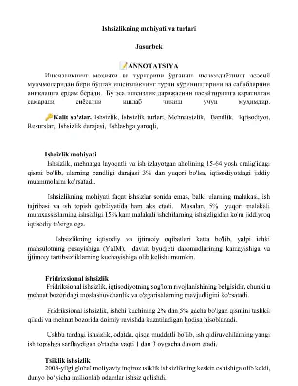 Ishsizlikning mohiyati va turlari