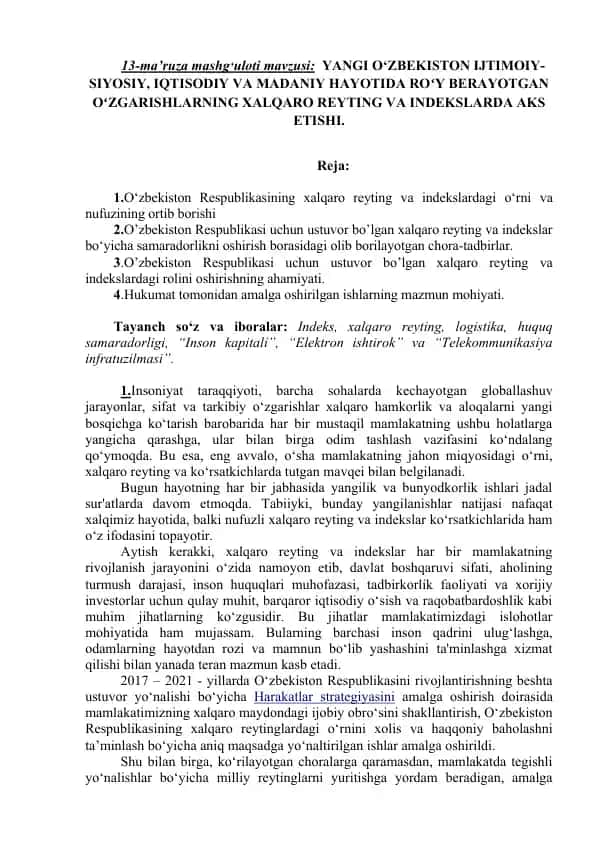 O'zbekiston Respublikasining xalqaro reyting va indekslardagi o'rn va nufuzining ortib borishi