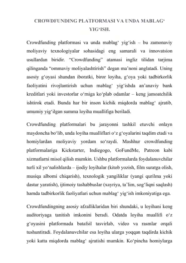 Crowdfunding platformasi va unda mablag‘ yig‘ish