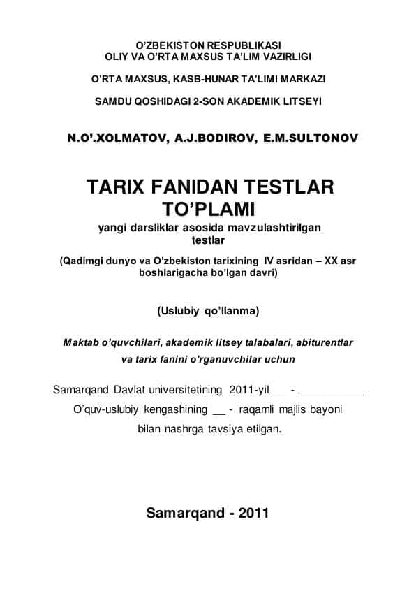 Tarix fanidan testlar to’plami