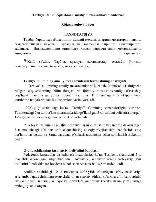 Tarbiya fanini o'qitishning amaliy mexanizmlari monitoringi