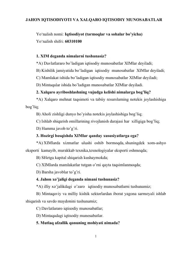 Jahon iqtisodiyoti va xalqaro iqtisodiy munosabatlar