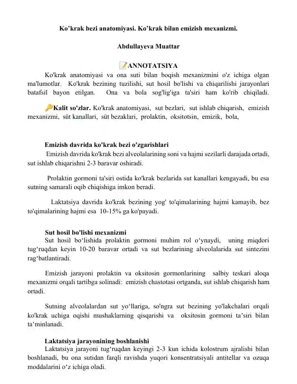 Koʻkrak bezi anatomiyasi. Ko’krak bilan emizish mexanizmi
