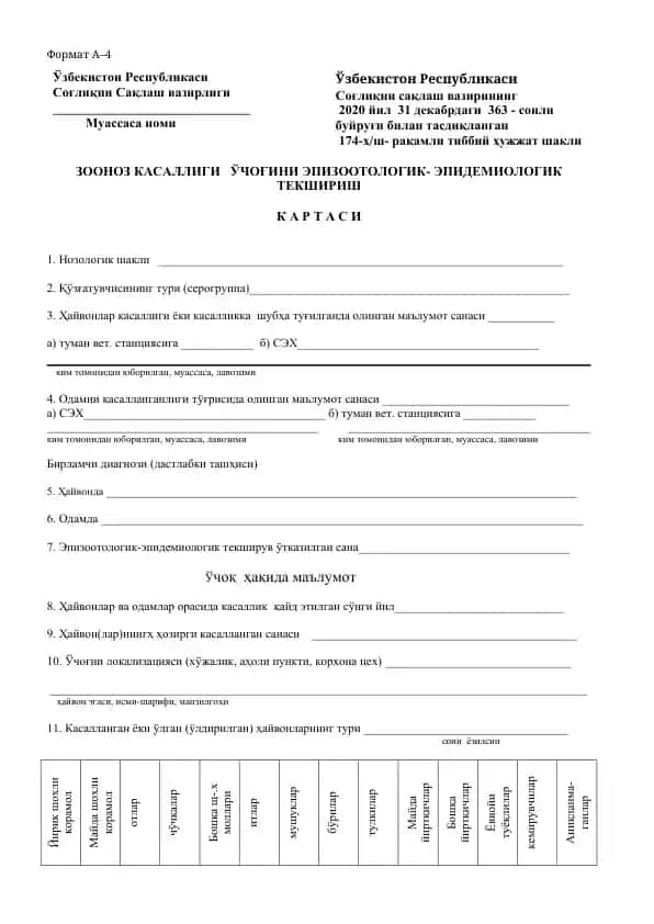 Zoonoz kasalligi uchogini epizootologik-epidemiologik tekshirish