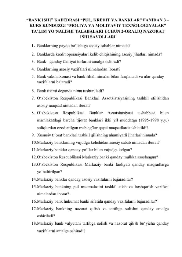 "Moliya va moliyaviy texnologiyalar ta'lim yo'nalishi" nazariy qismi