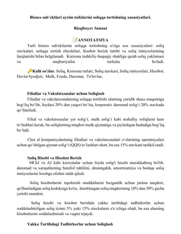 Biznes sub’ektlari ayrim toifalarini soliqqa tortishning xususiyatlari