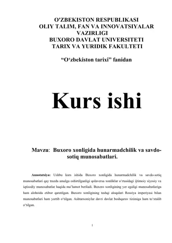 Buxoro xonligida hunarmadchilik va savdo-sotiq munosabatlari