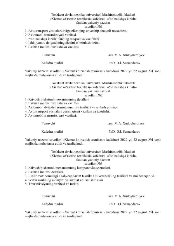 Yo’nalishga kirish fanidan yakuniy nazorat savollari №1–6 (Toshkent davlat texnika universiteti, Mashinasozlik fakulteti, Xizmat ko‘rsatish texnikasi kafedrasi)