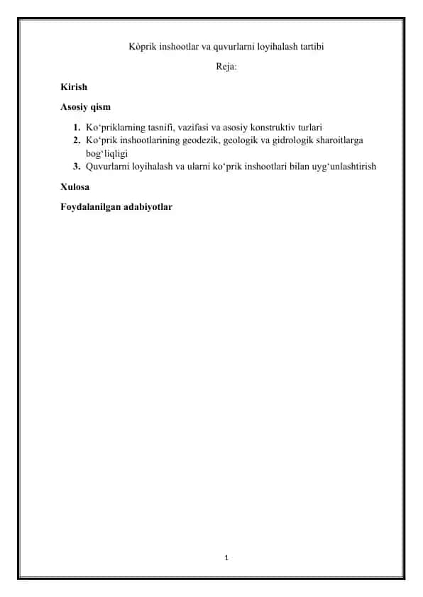 Ko‘prik inshootlar va quvurlarni loyihalash tartibi