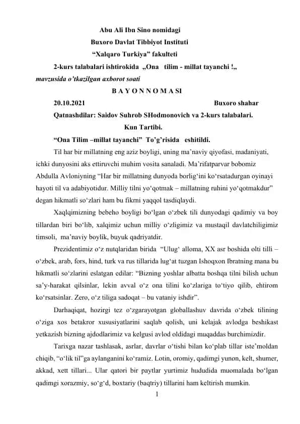 "Ona Tilim - Millat Tayanchi" bayonnomasi