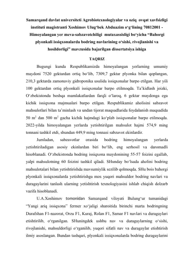 Bahorgi plyonkali issiqxonalarda bodring navlarining o‘sishi, rivojlanishi va hosildorligi