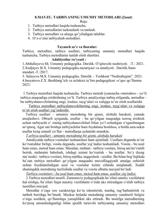 Tarbiyaning Umumiy Metodlari