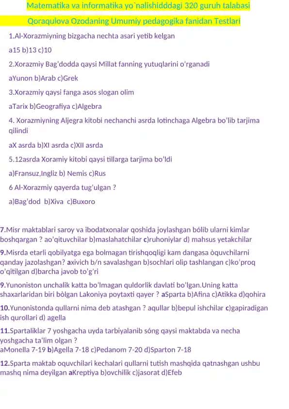 Qoraqulova Ozodaning Umumiy pedagogika fanidan Testlari