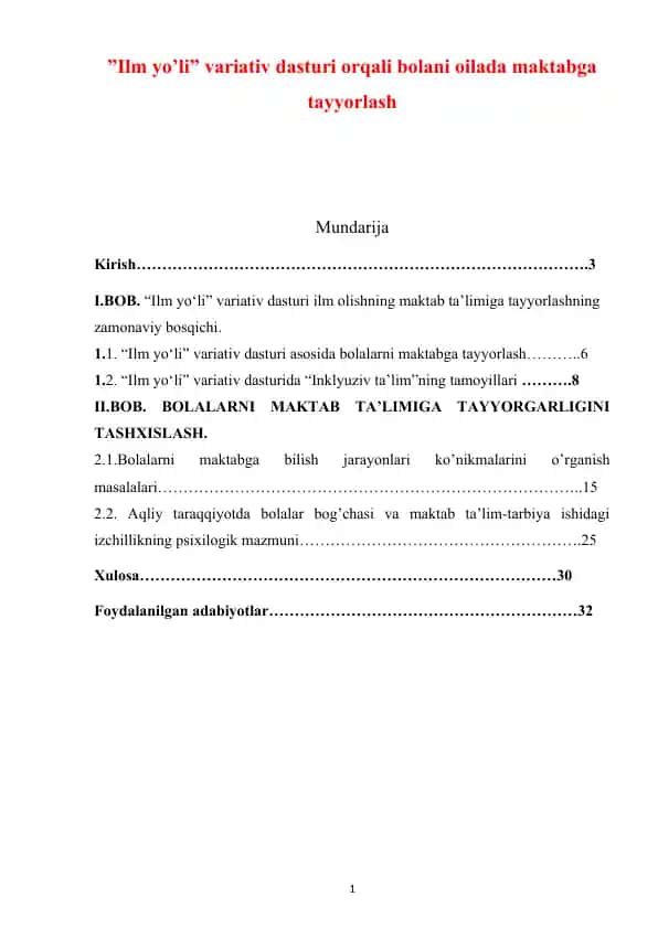 "Ilm yo’li" variativ dasturi orqali bolani oilada maktabga tayyorlash