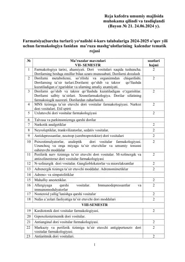 Farmakologiya fanidan ma’ruza mashg‘ulotlarining kalendar tematik rejasi