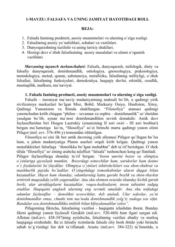 FALSAFA VA UNING JAMIYAT HAYOTIDAGI ROLI