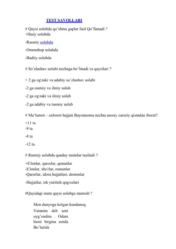 TEST SAVOLLARI