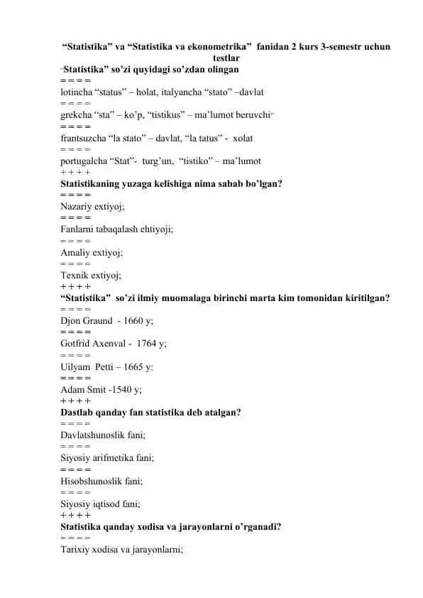 Statistika va ekonometrika testlar