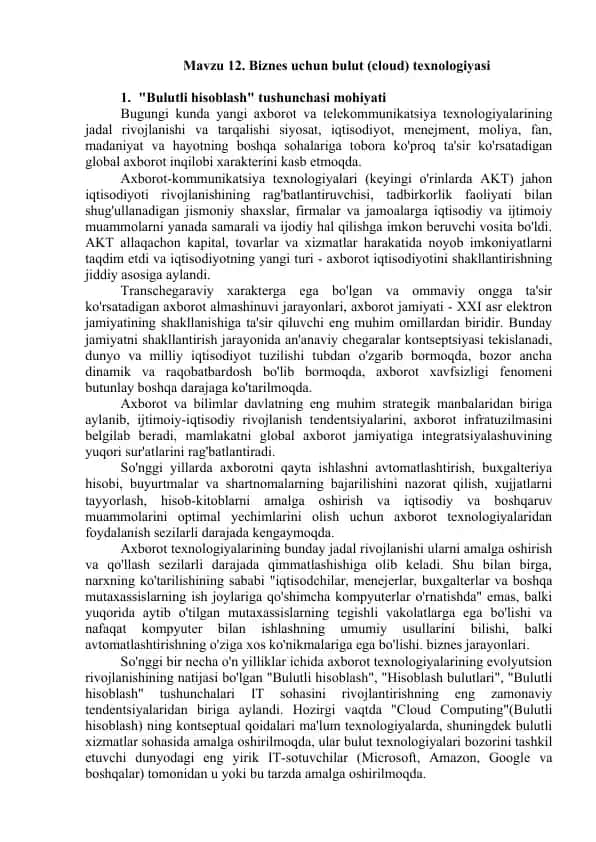 Mavzu 12. Biznes uchun bulut (cloud) texnologiyasi