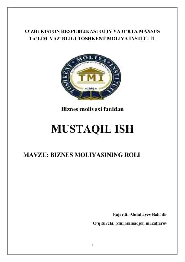BIZNES MOLIYASINING ROLI