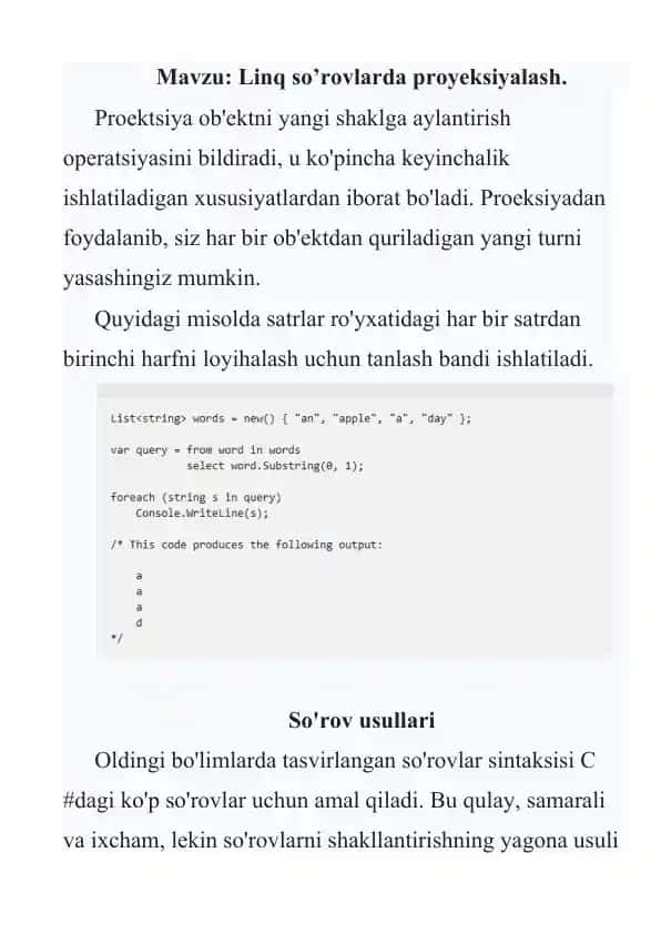 Linq so’rovlarda proyeksiyalash