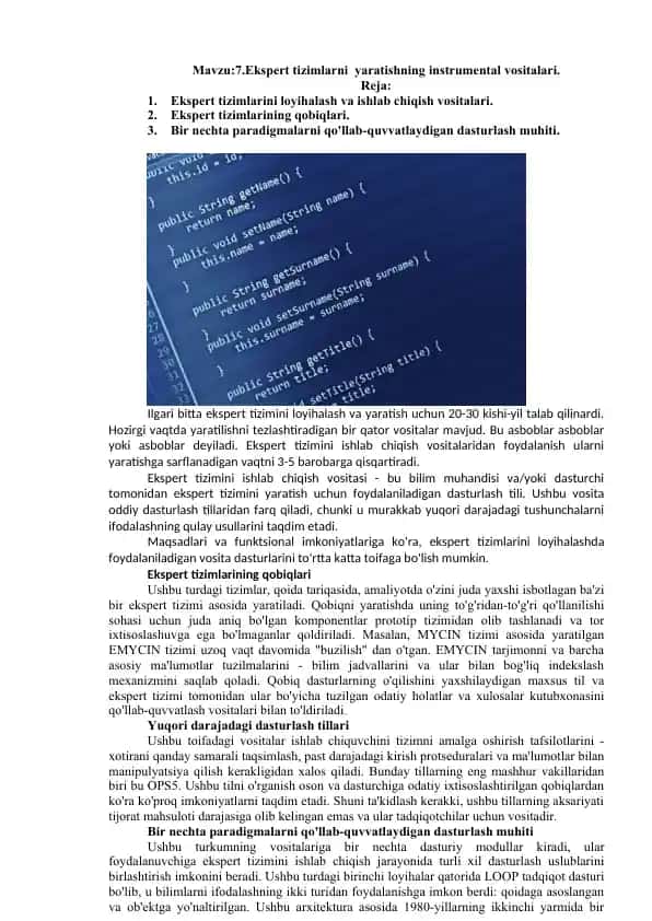 Ekspert tizimlarni yaratishning instrumental vositalari