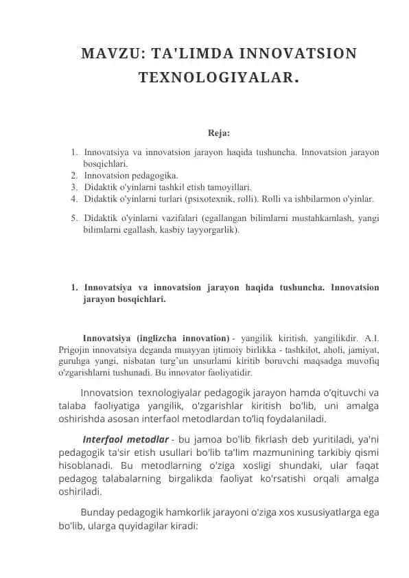 Innovatsiya va Innovatsion Texnologiyalar