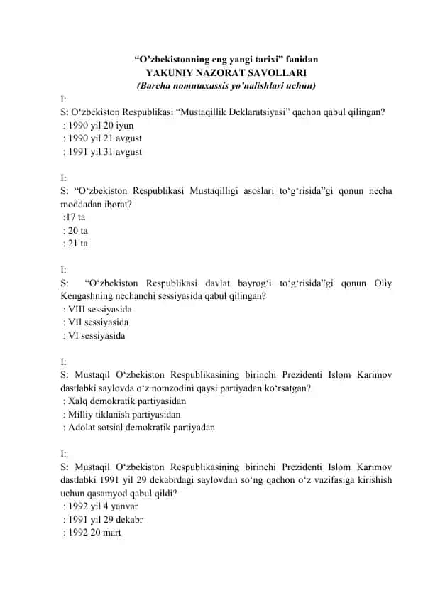 YAKUNIY NAZORAT SAVOLLARI