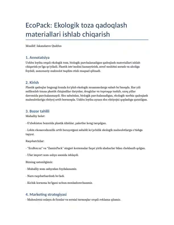 EcoPack: Ekologik toza qadoqlash materiallari ishlab chiqarish