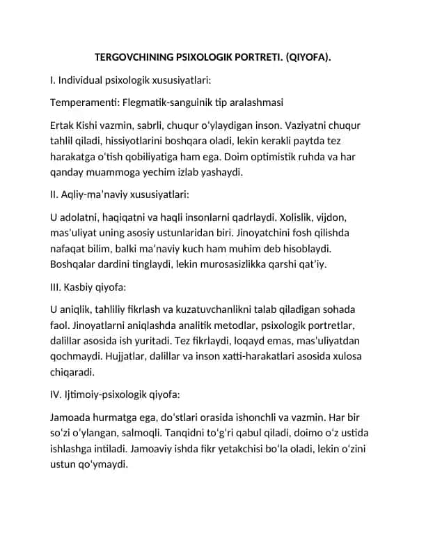 Tergovchining psixologik portreti (Qiyofa)