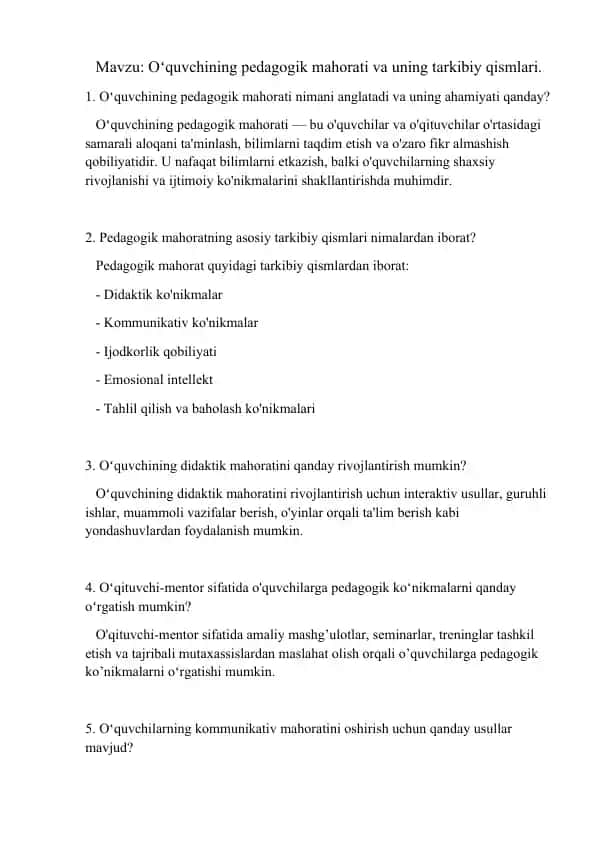 Oʻquvchining pedagogik mahorati va uning tarkibiy qismlari savollar