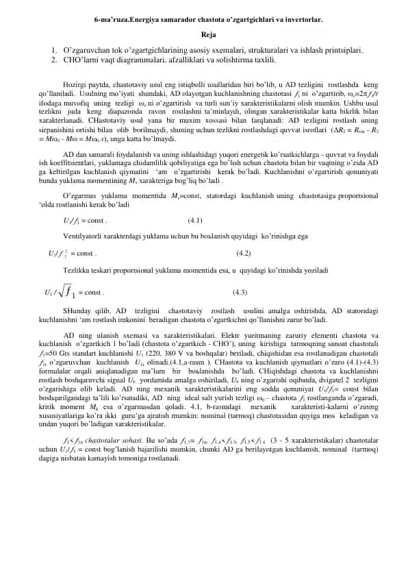 Energiya samarador chastota o’zgartgichlari va invertorlar