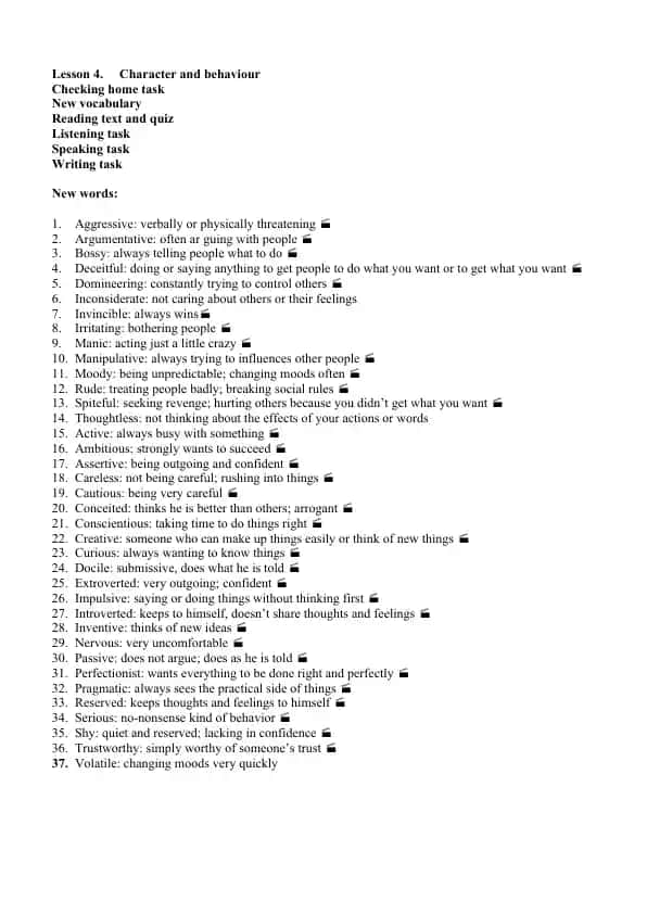 Character and Behaviour Vocabulary