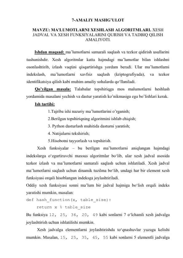 Xesh algoritmlar va xesh funksiyalari