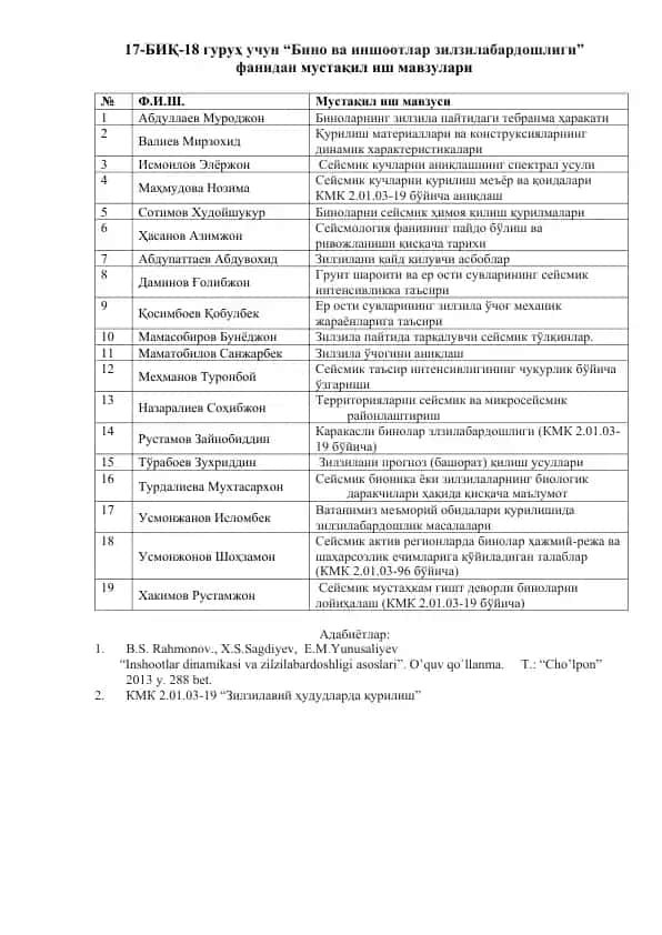 “Бино ва иншоотлар зилзилабардошлиги” фанидан мустақил иш мавзулари