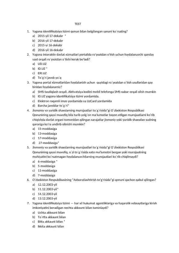 Yagona identifikatsiya tizimi test