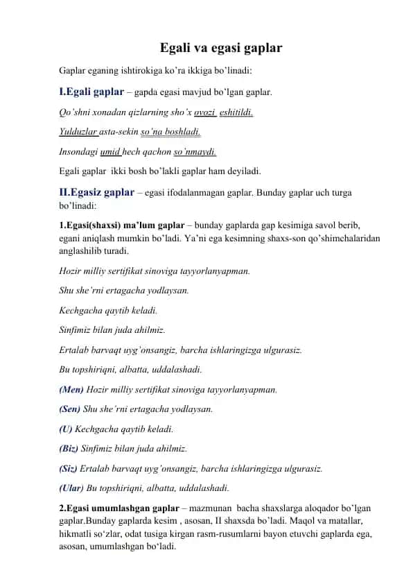 Egali va egasi gaplar