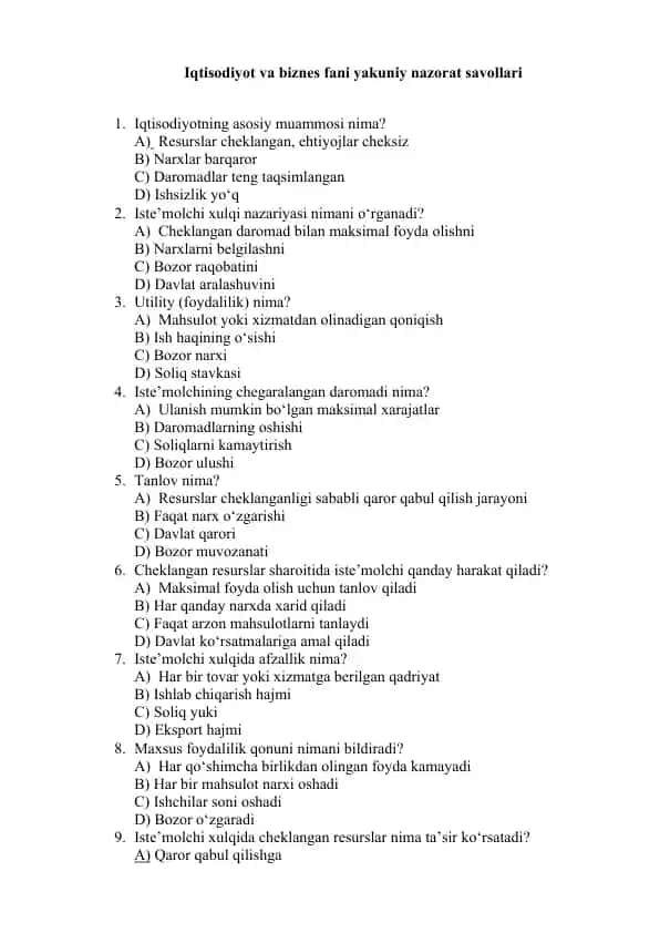 Iqtisodiyot va biznes fani yakuniy nazorat savollari
