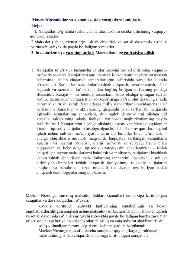 Maxsulotlar va xizmat asosida xarajatlarni aniqlash