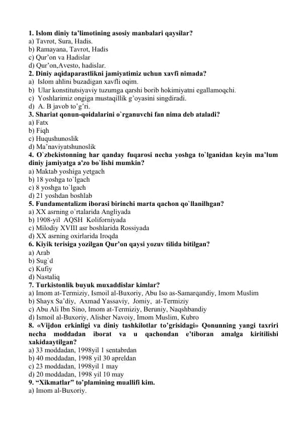 Diniy ta'limotning asosiy manbalari