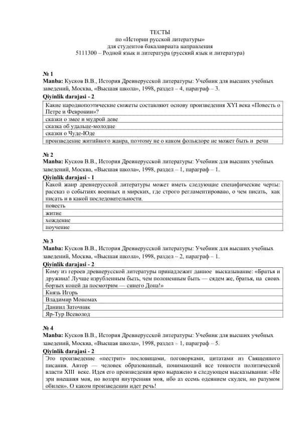 ТЕСТЫ по «Истории русской литературы»