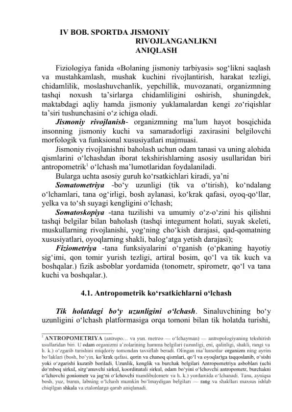 IV BOB. SPORTDA JISMONIY RIVOJLANGANLIKNI ANIQLASH